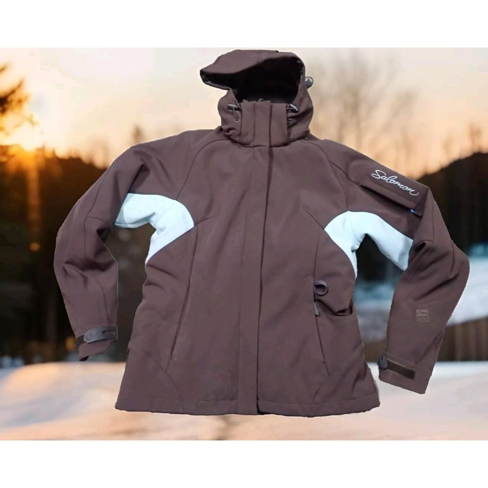 Salomon Ski‎ Jacket Women Medium Brown Excellent ClimaPro Hooded Softshell
